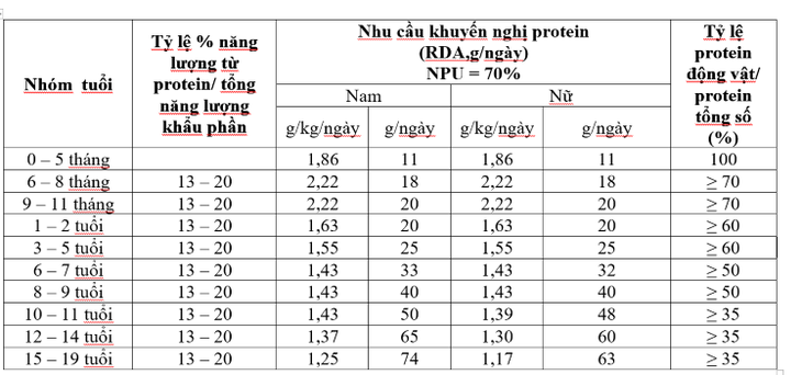 bảng dinh dưỡng